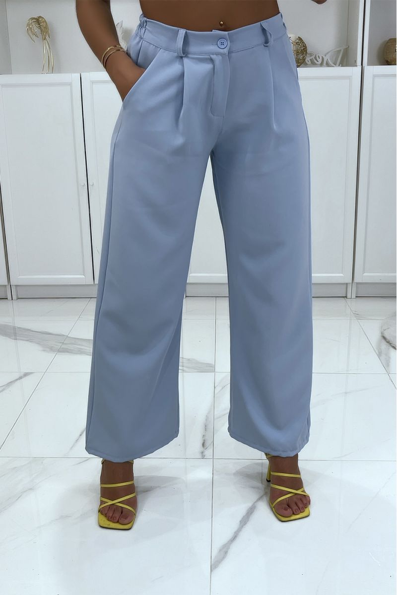 Turquoise palazzo broek met zakken en elastiek op de rug - 2