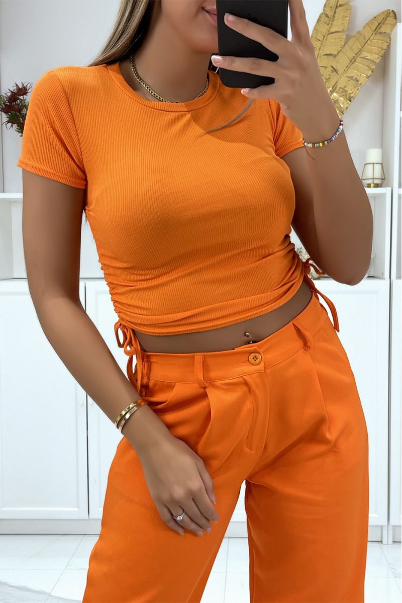 Orange ribbed material crop top with gathers on the sides - 2