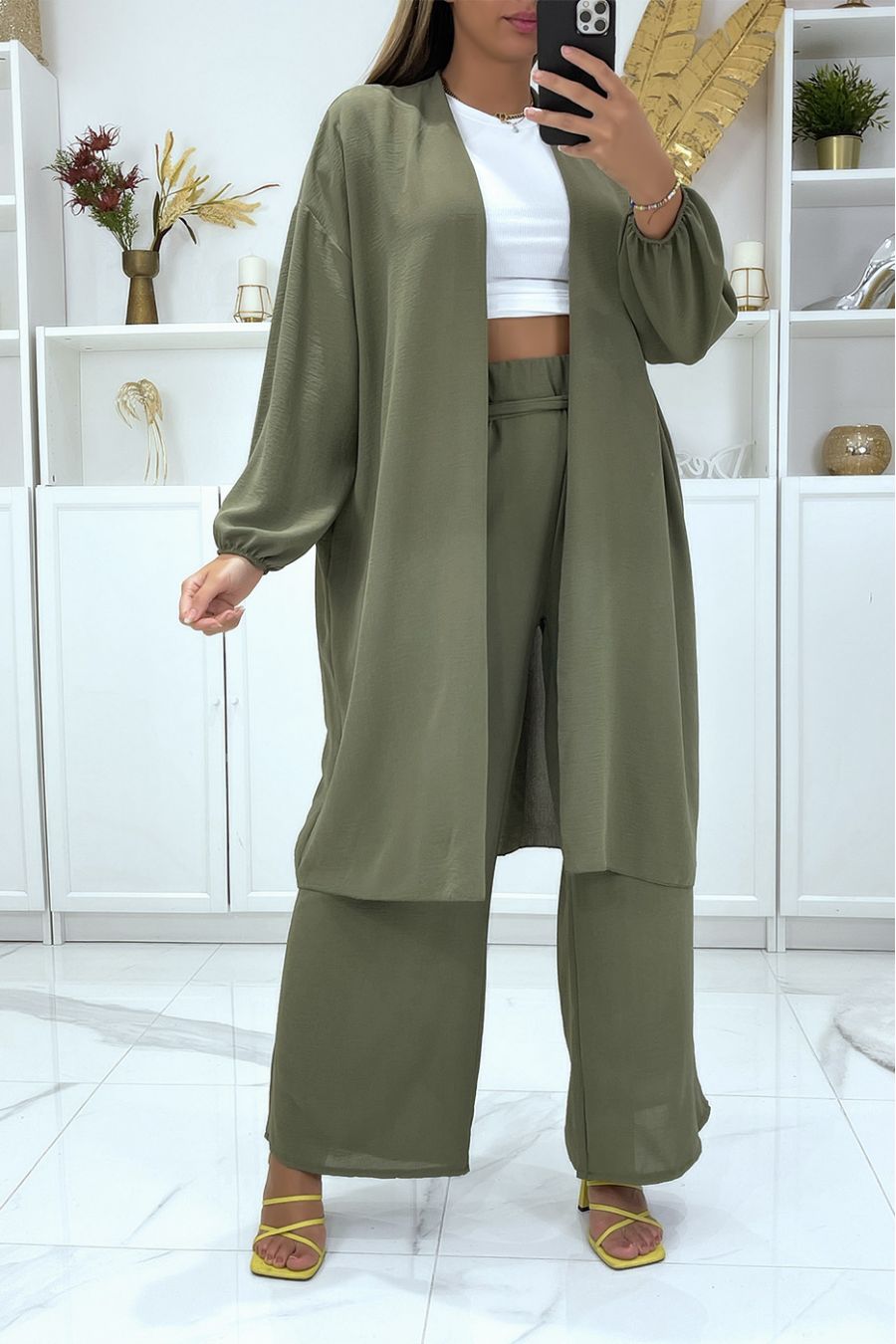 Kaki kimono en palazzo broek set - 1