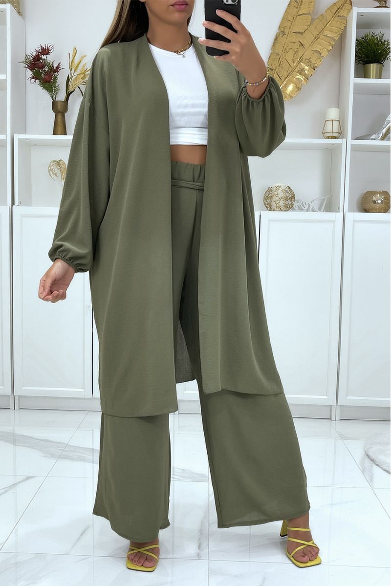Kaki kimono en palazzo broek set - 2