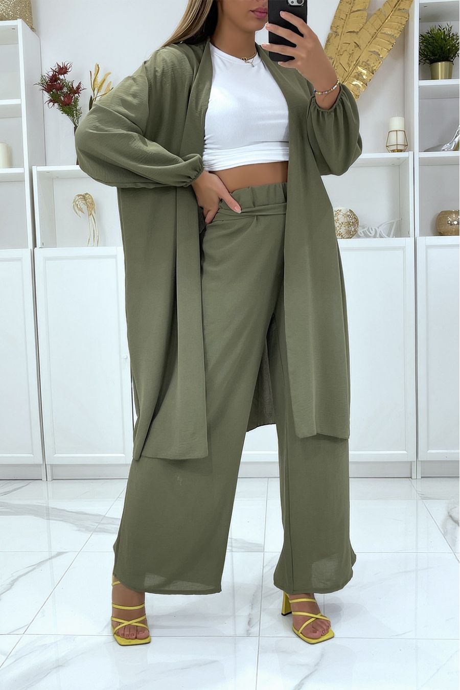 Kaki kimono en palazzo broek set - 3