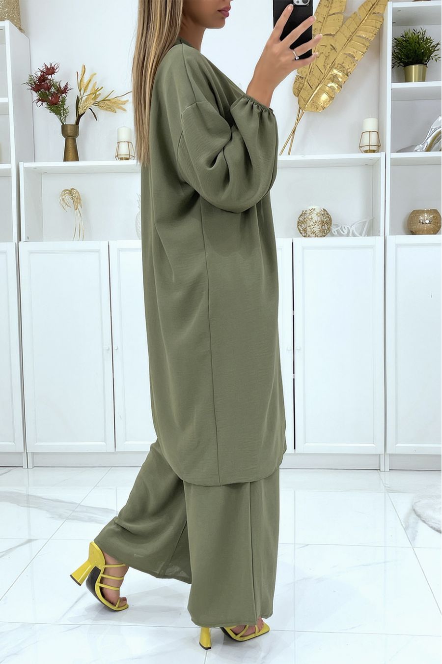 Ensemble kimono et pantalon palazzo kaki  - 4