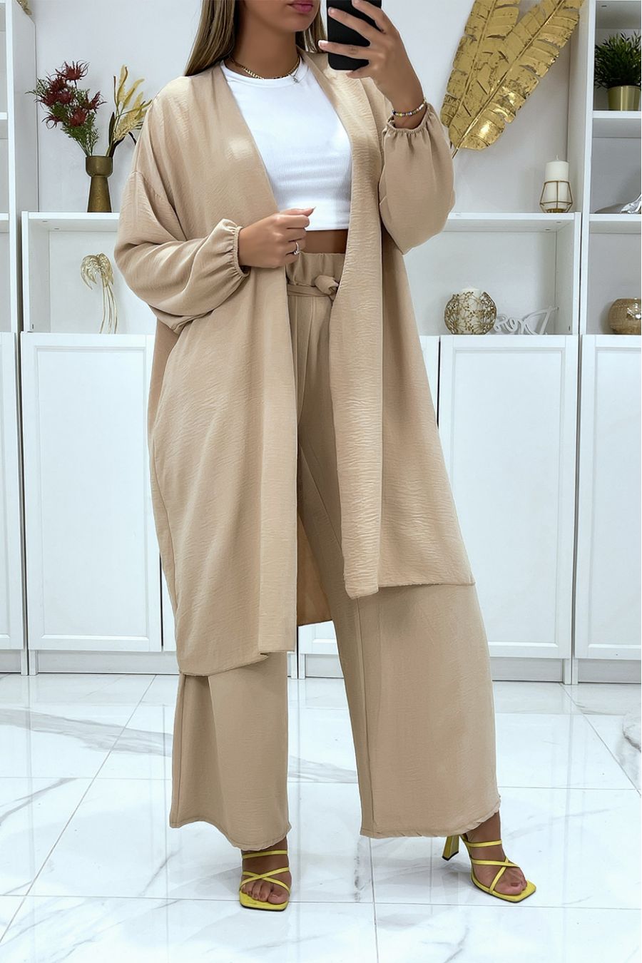 Ensemble kimono et pantalon palazzo beige - 2