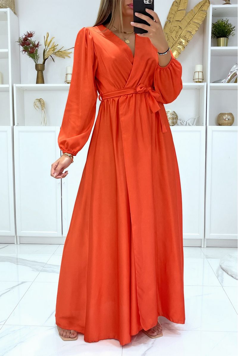 Long dress dress crossed heart heart satin coral - 1