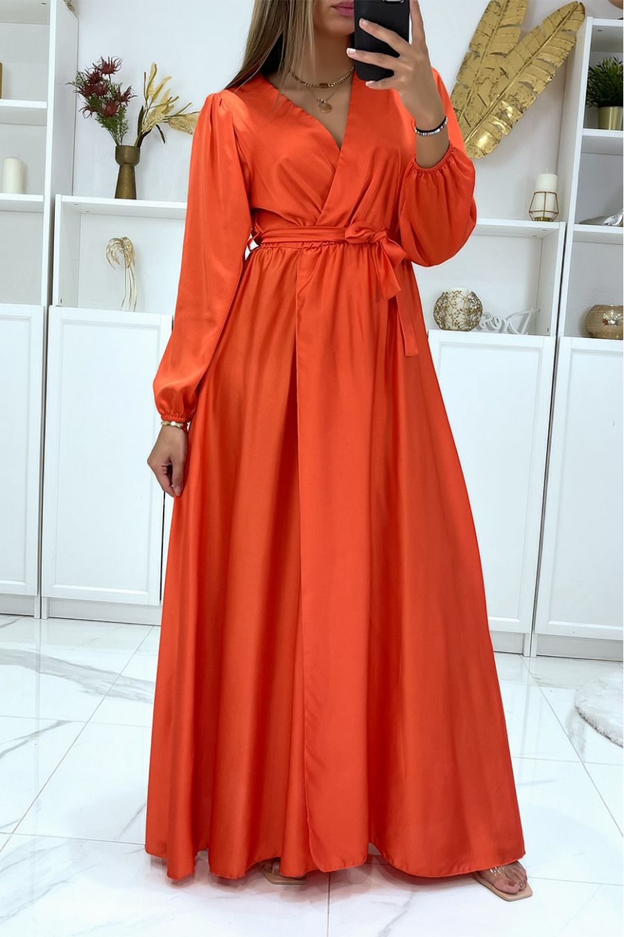 Longue robe robe croisé coeur coeur satiné corail  - 2