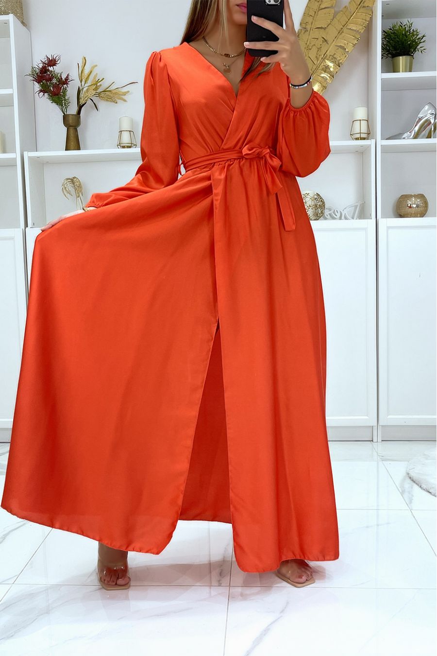 Long dress dress crossed heart heart satin coral - 3