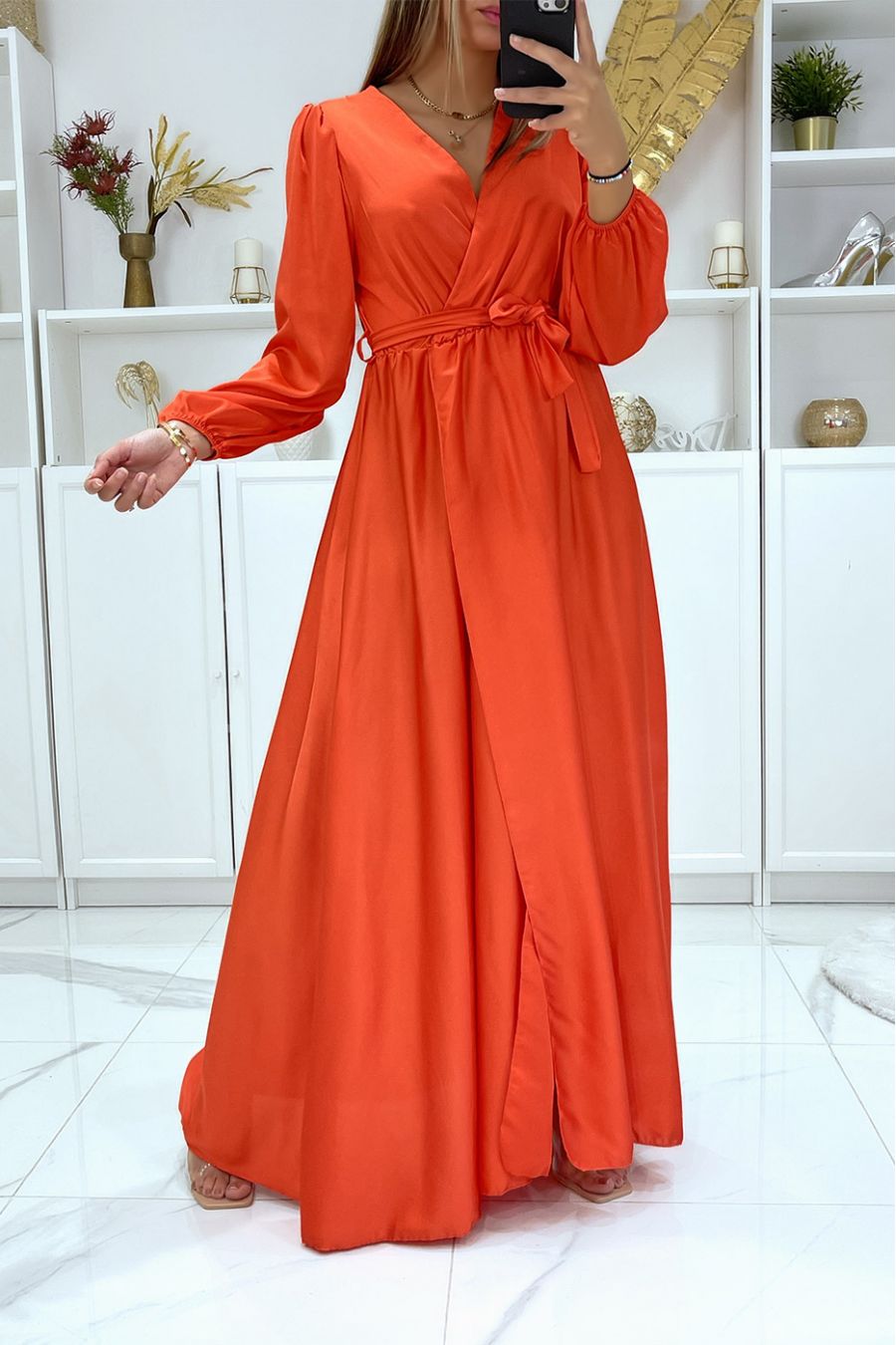 Long dress dress crossed heart heart satin coral - 4