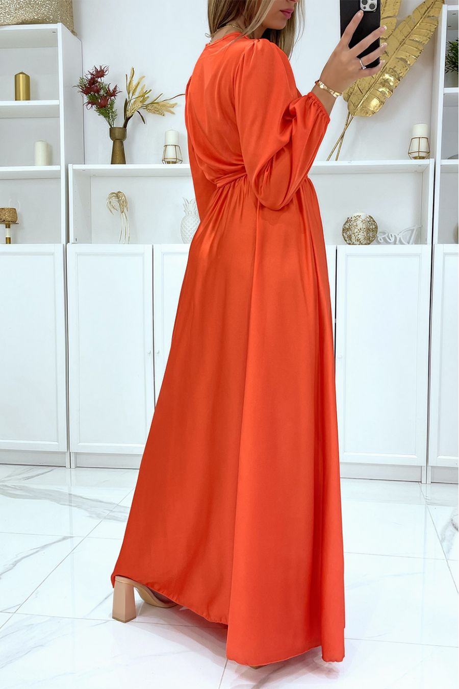 Longue robe robe croisé coeur coeur satiné corail  - 5