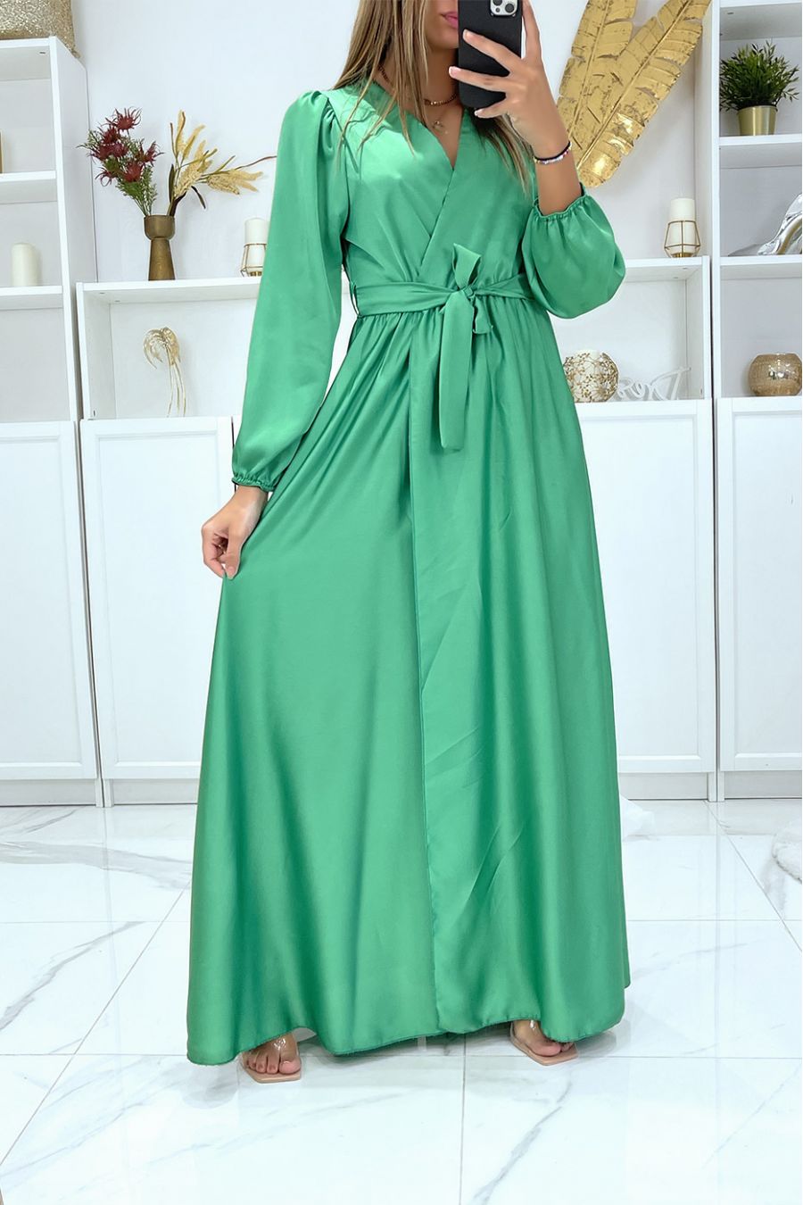 Long green satin heart crossover dress - 1