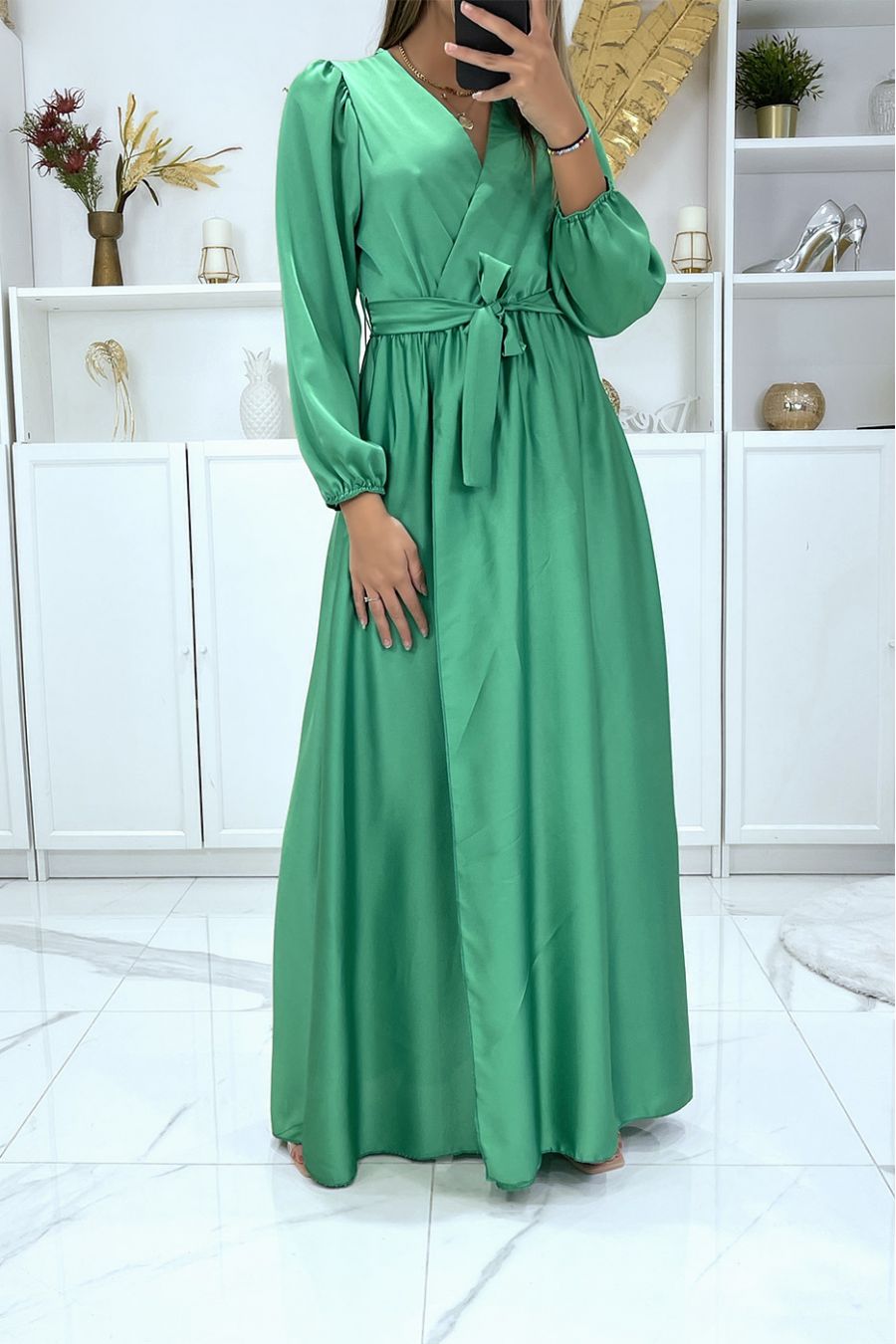 Longue robe robe croisé coeur coeur satiné vert - 2