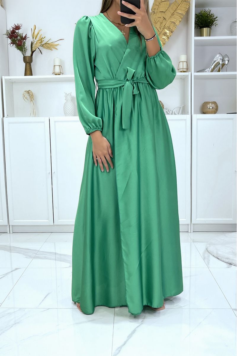 Longue robe robe croisé coeur coeur satiné vert - 2 Longue robe robe croisé coeur coeur satiné vert - 2