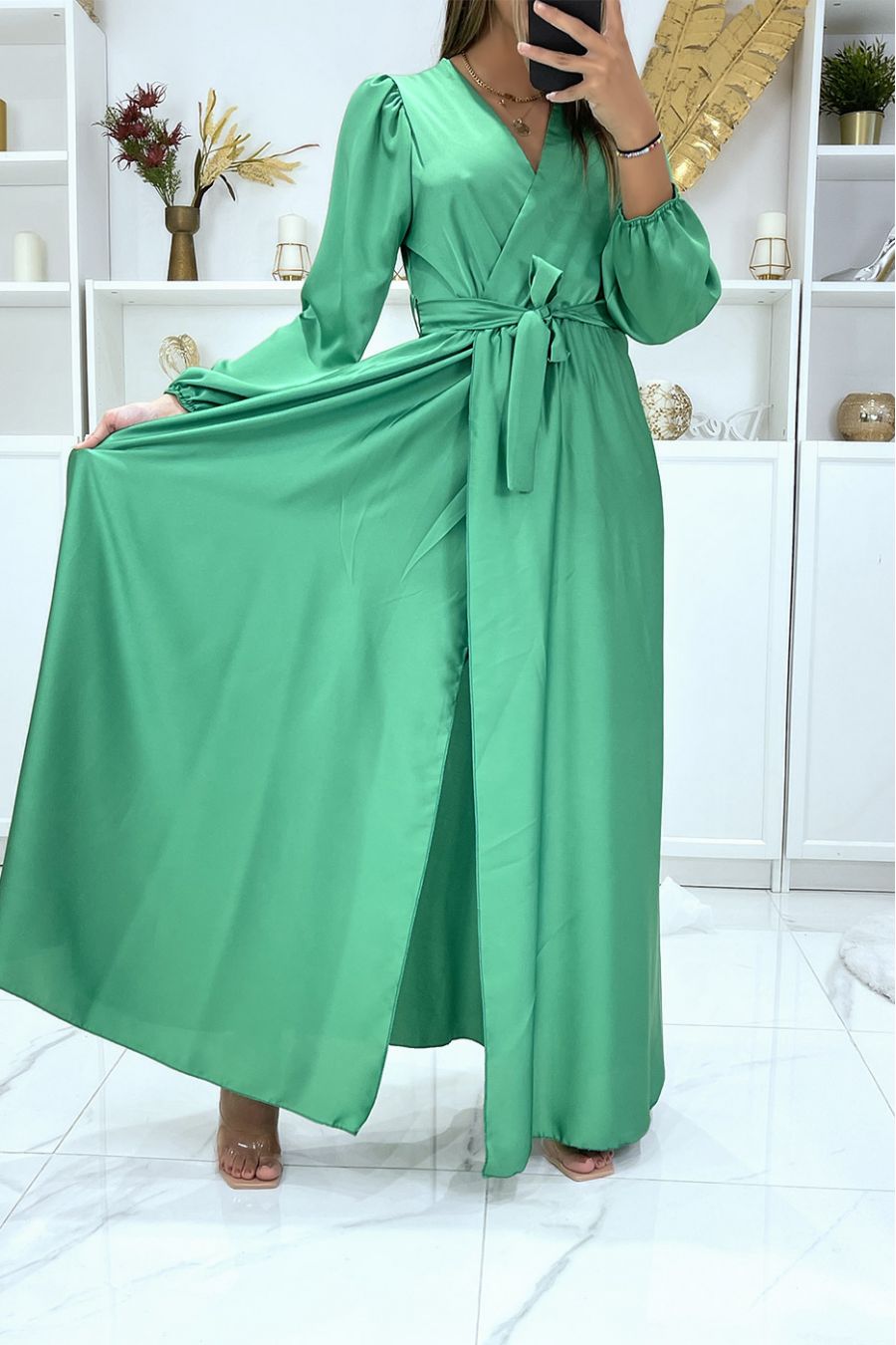 Longue robe robe croisé coeur coeur satiné vert - 3