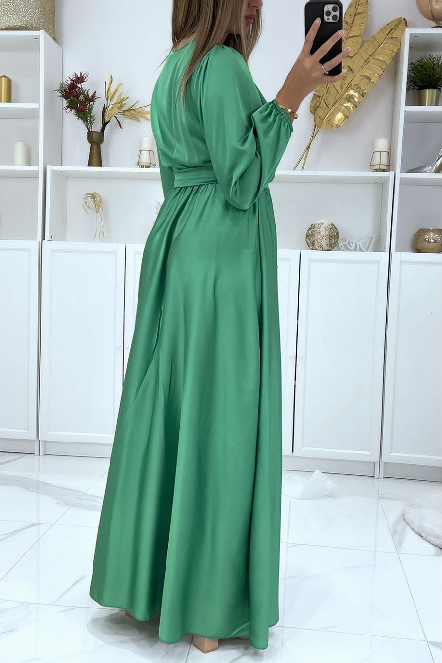 Long green satin heart crossover dress - 4