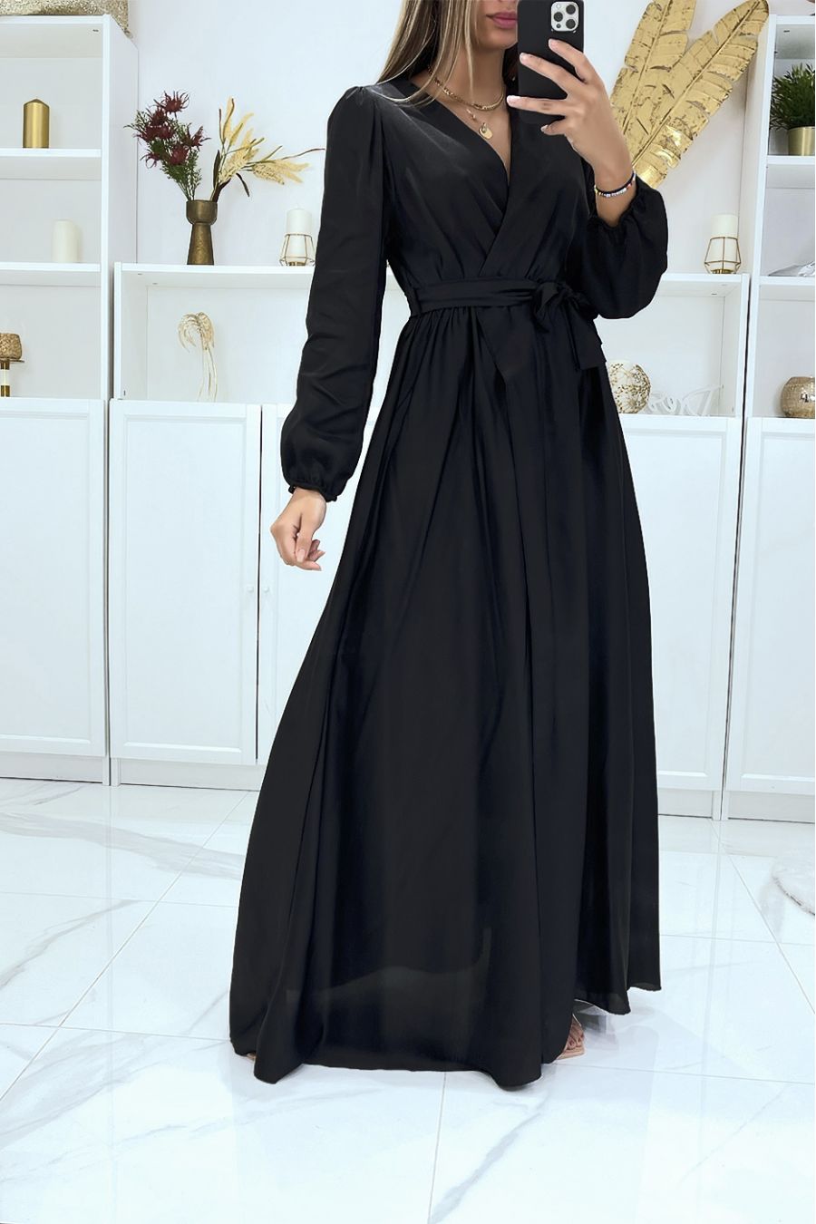 Long black satin heart crossover dress - 1