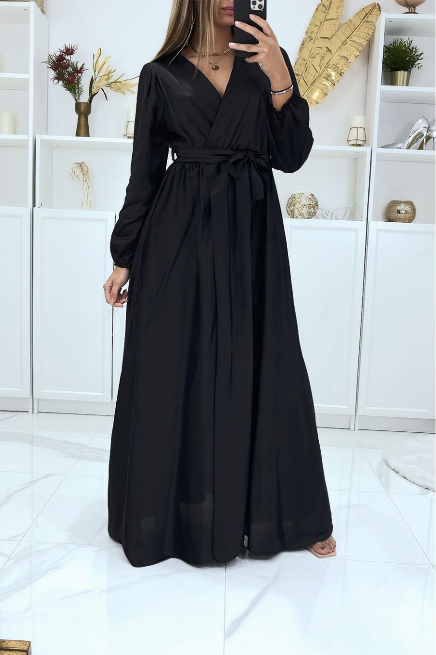 Long black satin heart crossover dress - 2