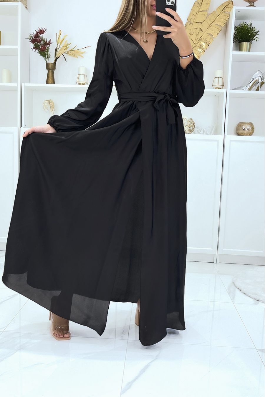 Long black satin heart crossover dress - 3