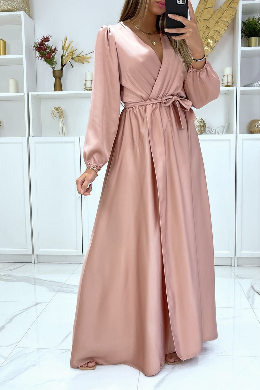 Longue robe robe croisé coeur coeur satiné rose - 1