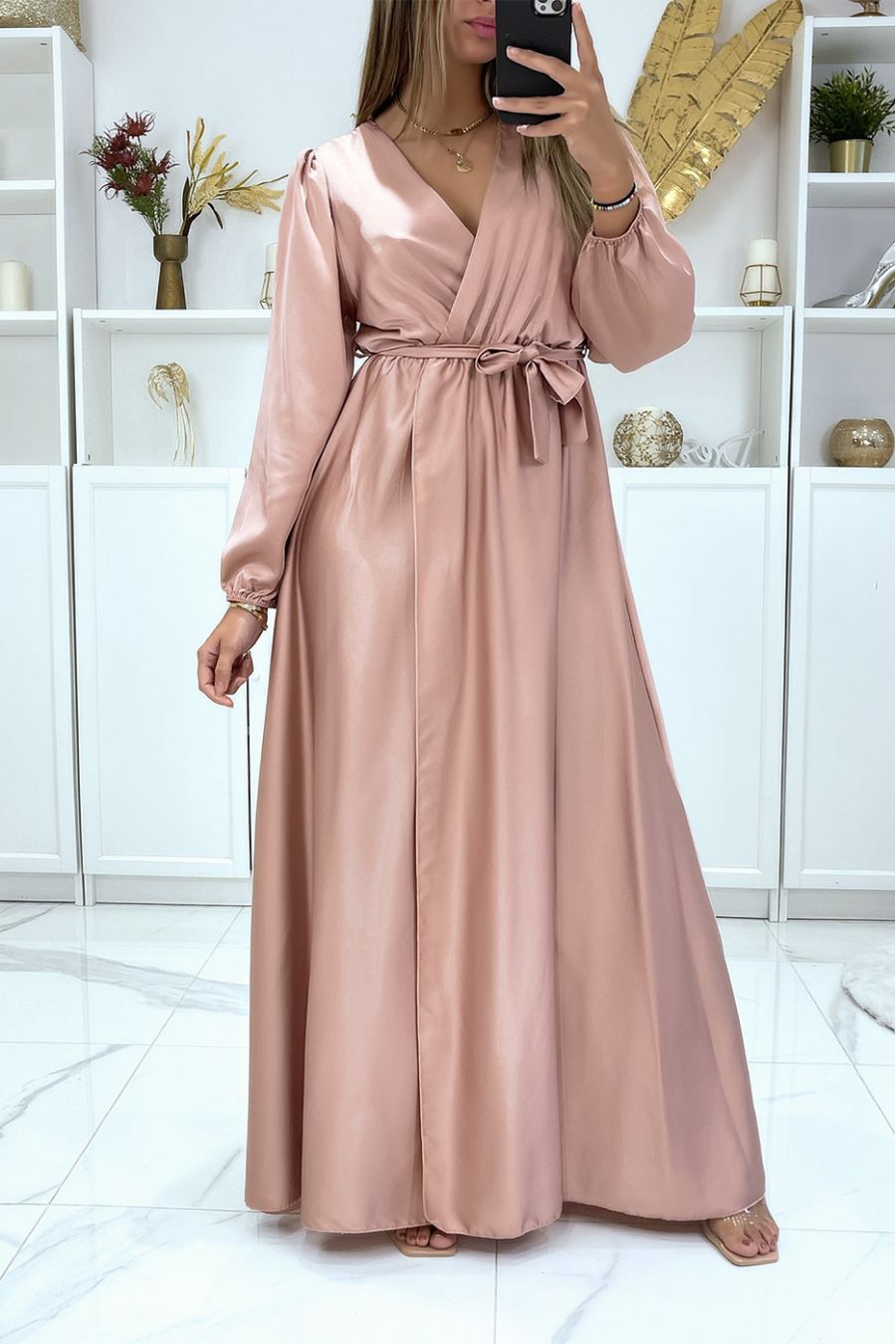 Lange roze satijnen hart gekruiste jurk - 2