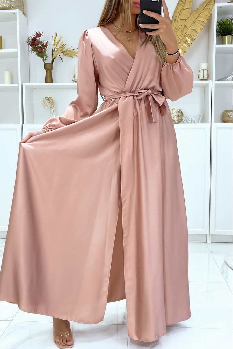 Longue robe robe croisé coeur coeur satiné rose - 3