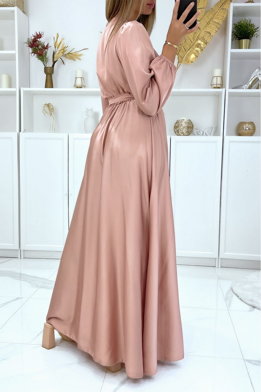 Longue robe robe croisé coeur coeur satiné rose - 4