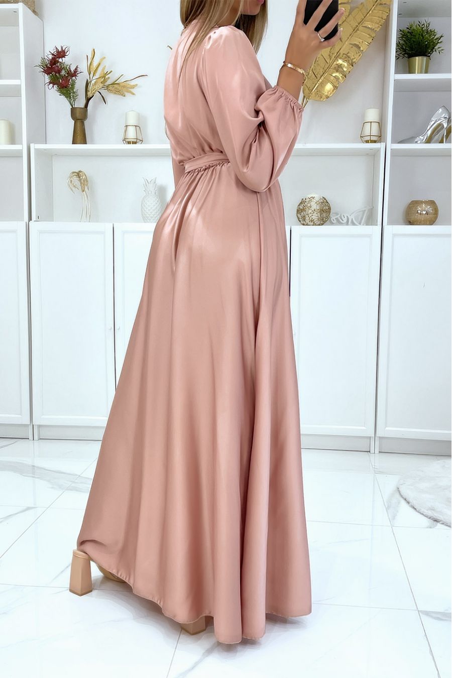 Long pink satin heart crossover dress - 5