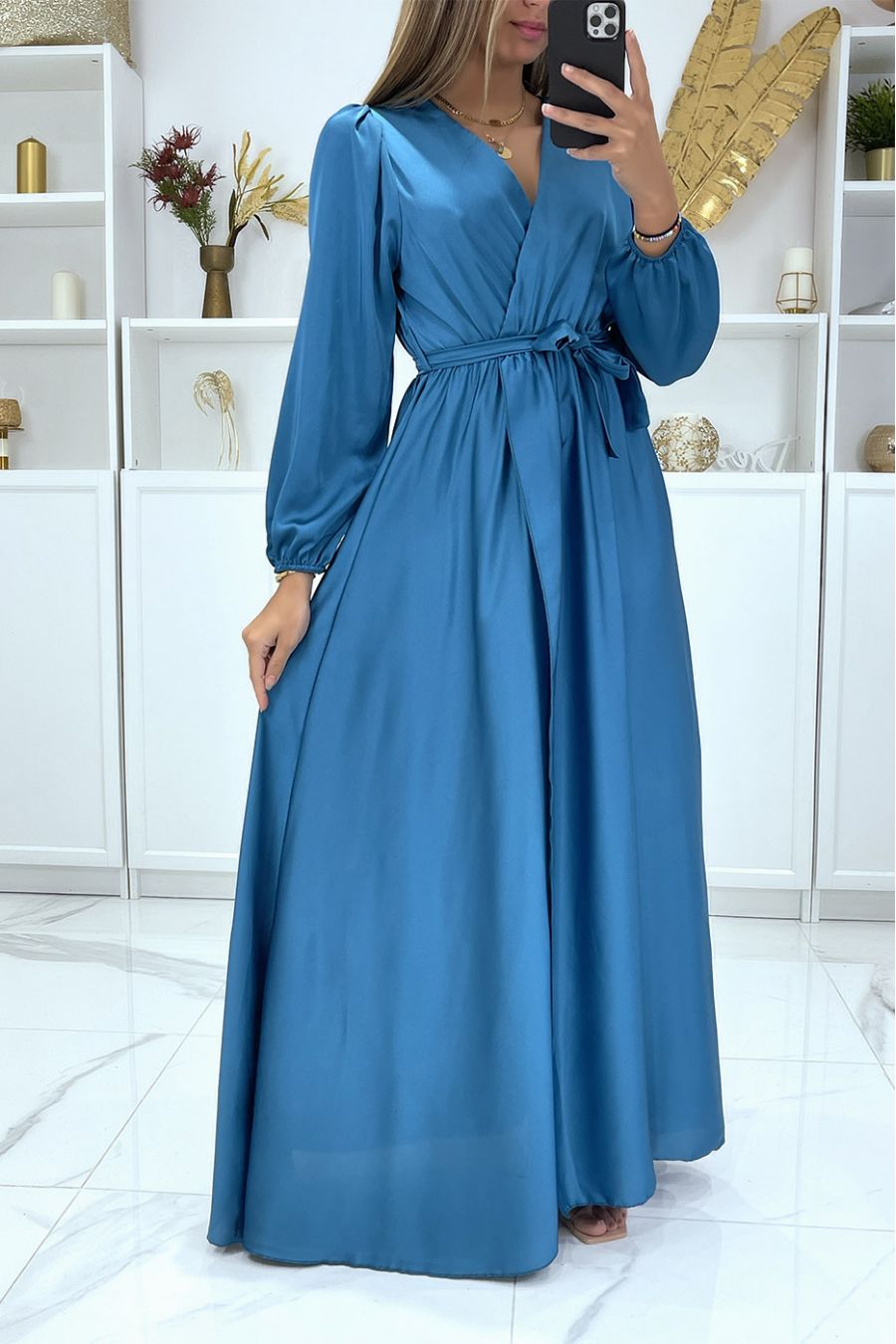 Longue robe robe croisé coeur coeur satiné indigo - 1