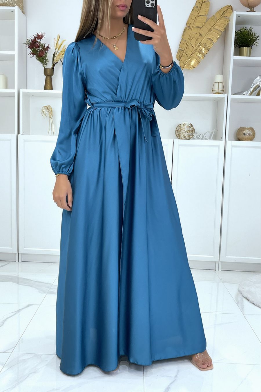 Long indigo satin heart crossover dress - 2