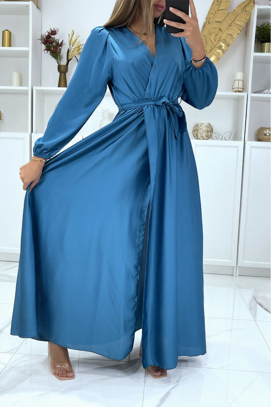 Long indigo satin heart crossover dress - 3