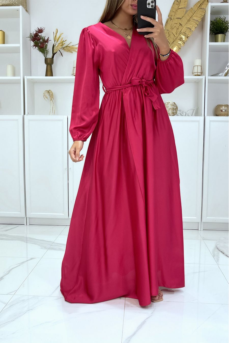 Longue robe robe croisé coeur coeur satiné fuchsia - 1