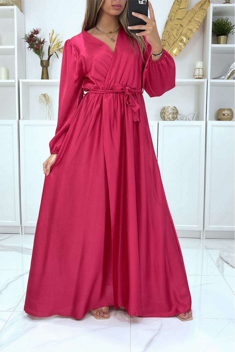Long fuchsia satin heart crossover dress - 2
