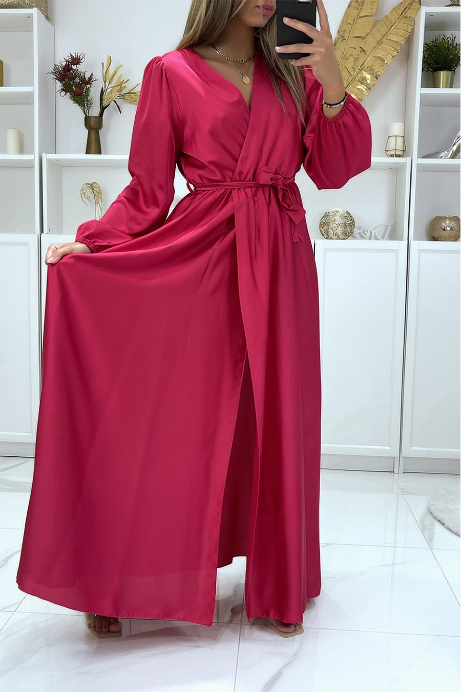 Lange fuchsia satijnen hart gekruiste jurk - 3