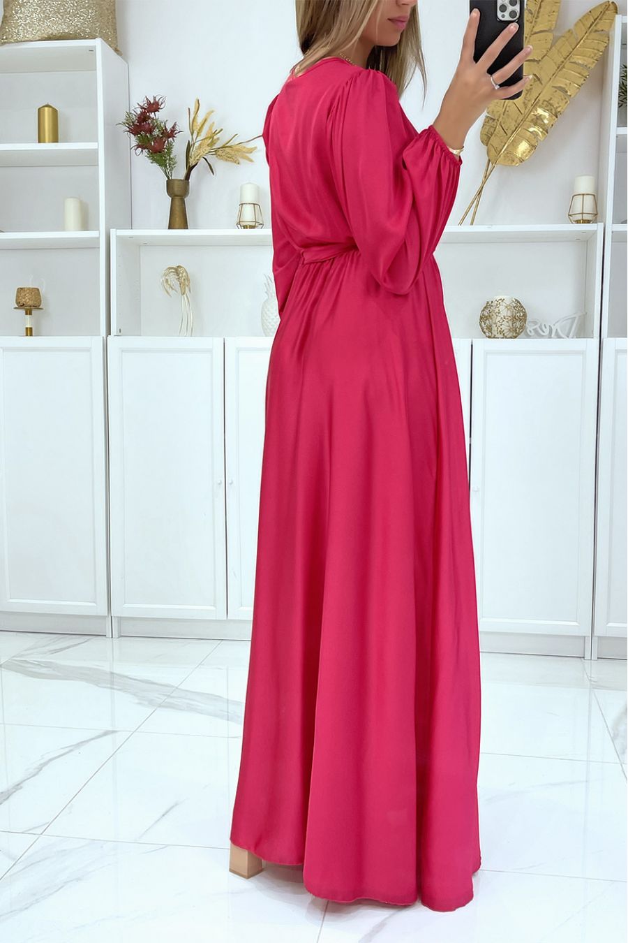 Longue robe robe croisé coeur coeur satiné fuchsia - 4
