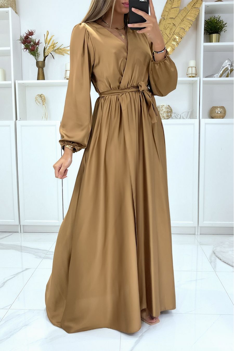Long camel satin heart crossover dress - 1