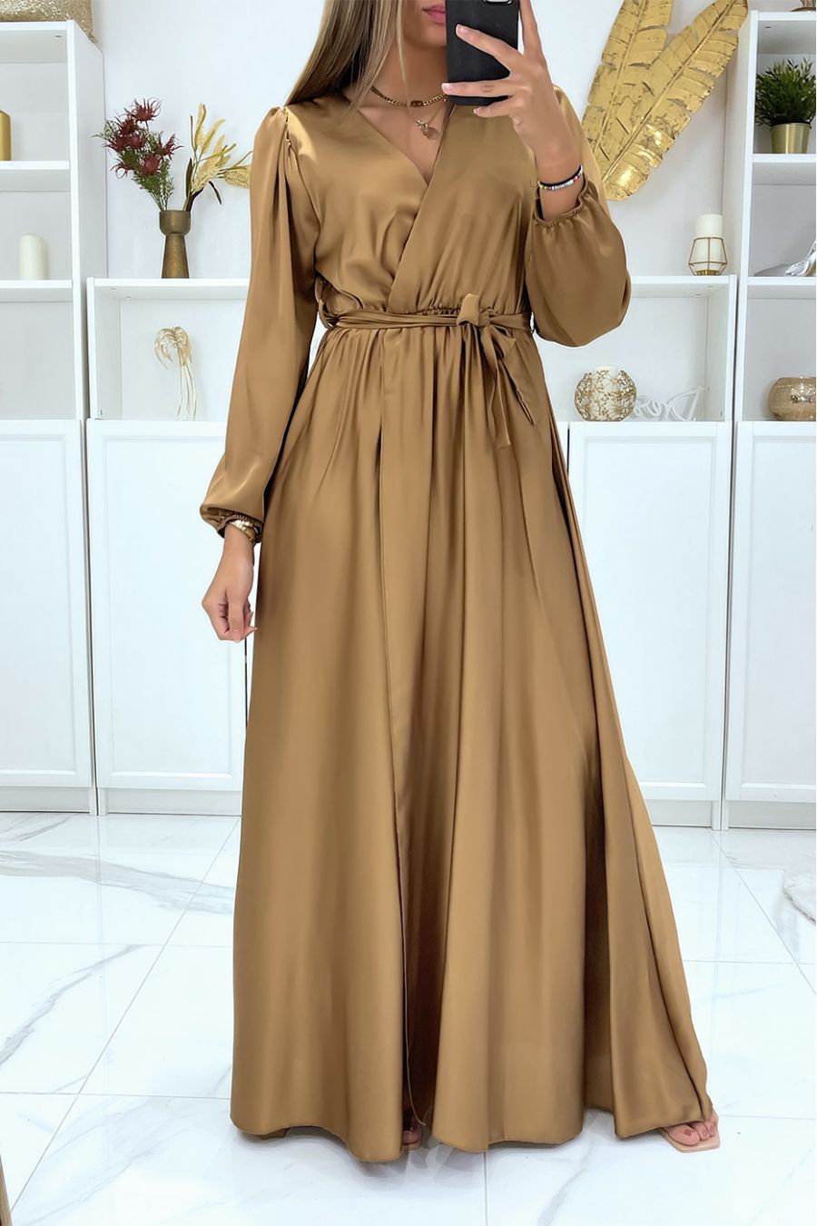 Longue robe robe croisé coeur coeur satiné camel - 2