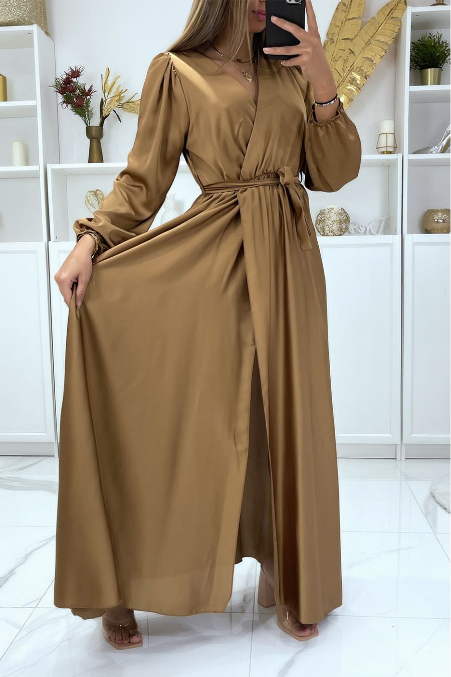 Long camel satin heart crossover dress - 3