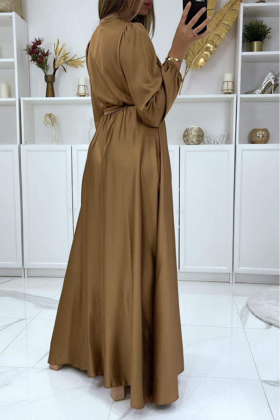 Long camel satin heart crossover dress - 4
