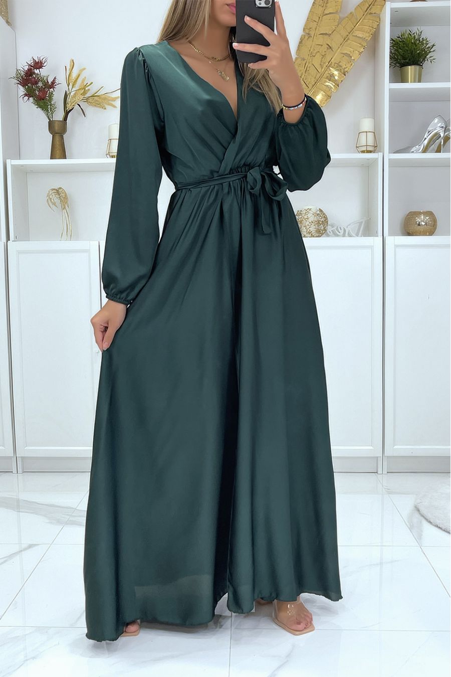 Longue robe robe croisé coeur coeur satiné vert sapin - 1