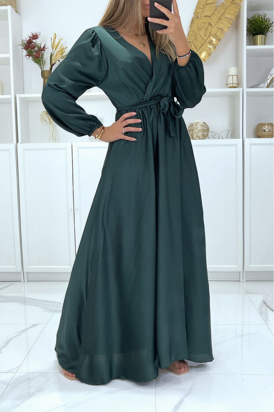 Longue robe robe croisé coeur coeur satiné vert sapin - 3