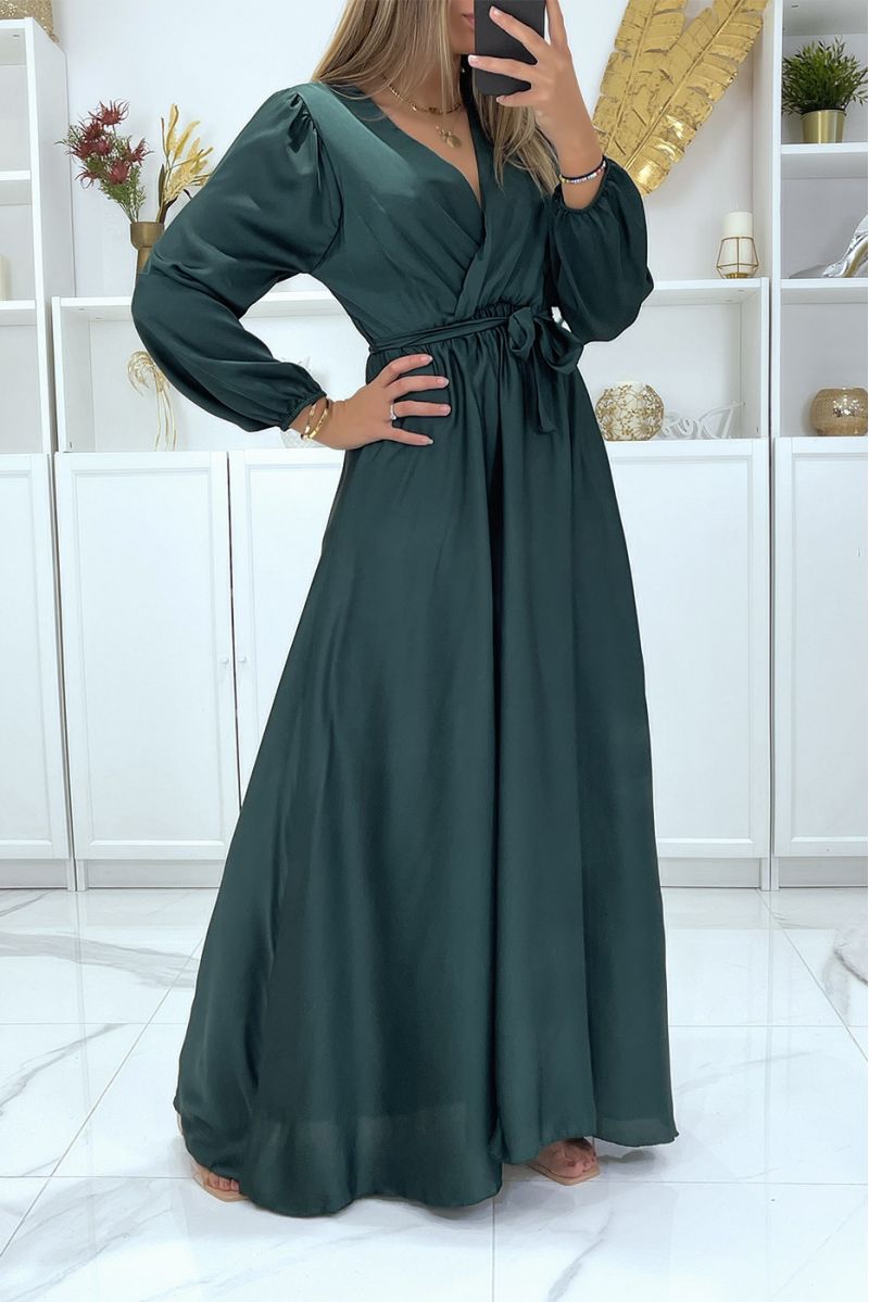 Longue robe robe croisé coeur coeur satiné vert sapin - 3 Longue robe robe croisé coeur coeur satiné vert sapin - 3