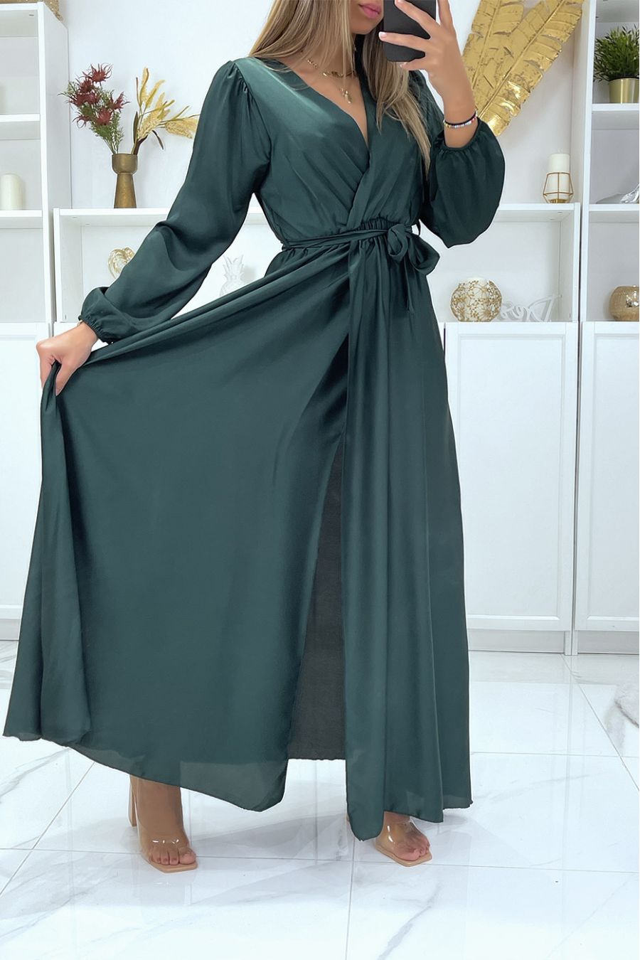 Longue robe robe croisé coeur coeur satiné vert sapin - 4