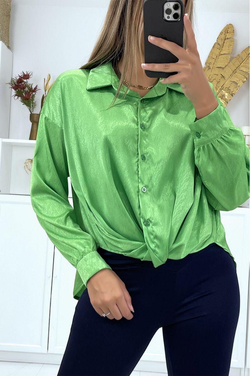 groen shirt met strik in een mooie satijnen stof - 2