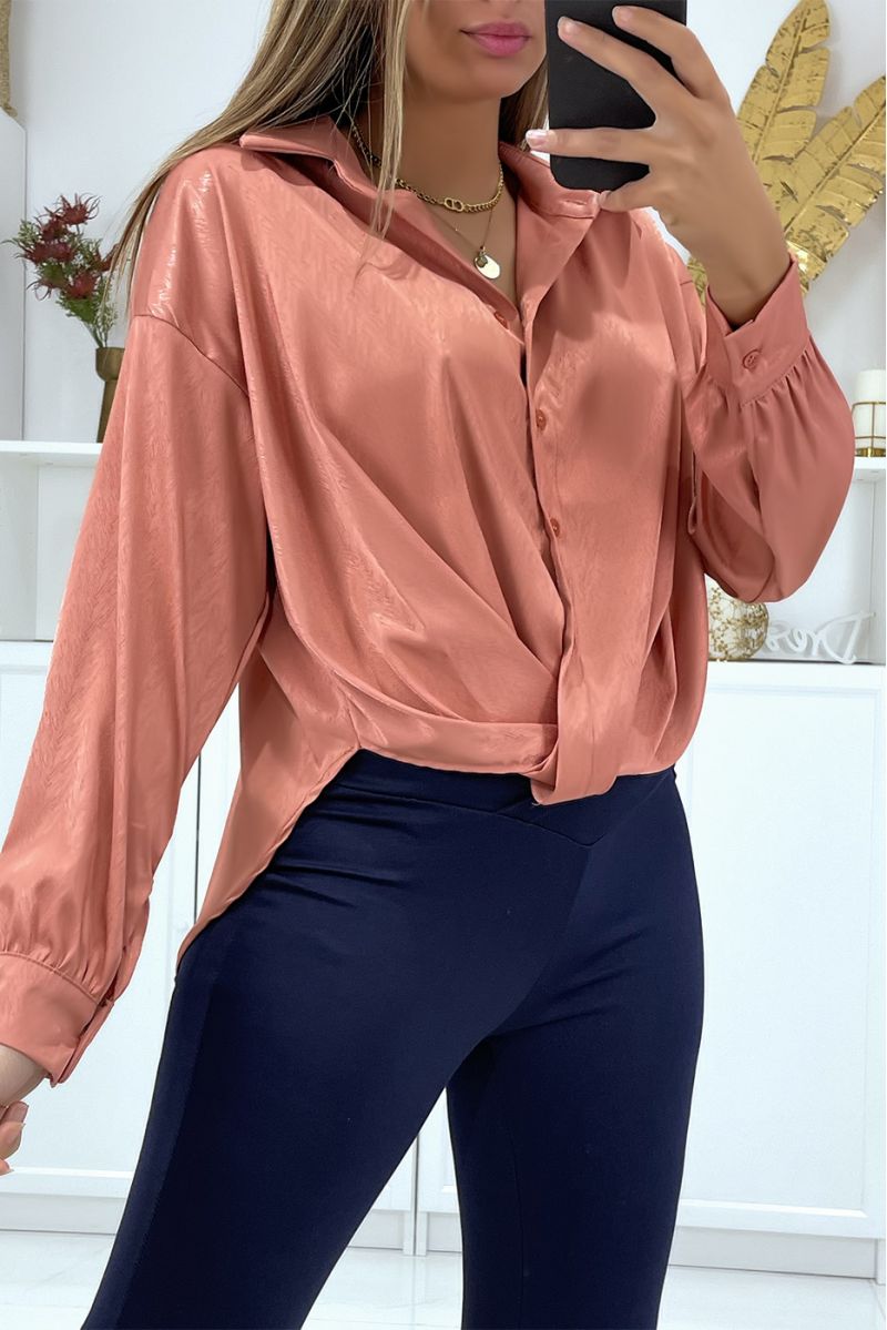 dark pink shirt with bow in a beautiful satin material - 1