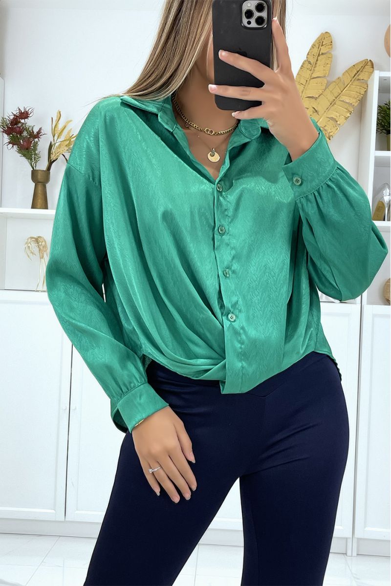 fir green shirt with bow in a beautiful satin material - 2