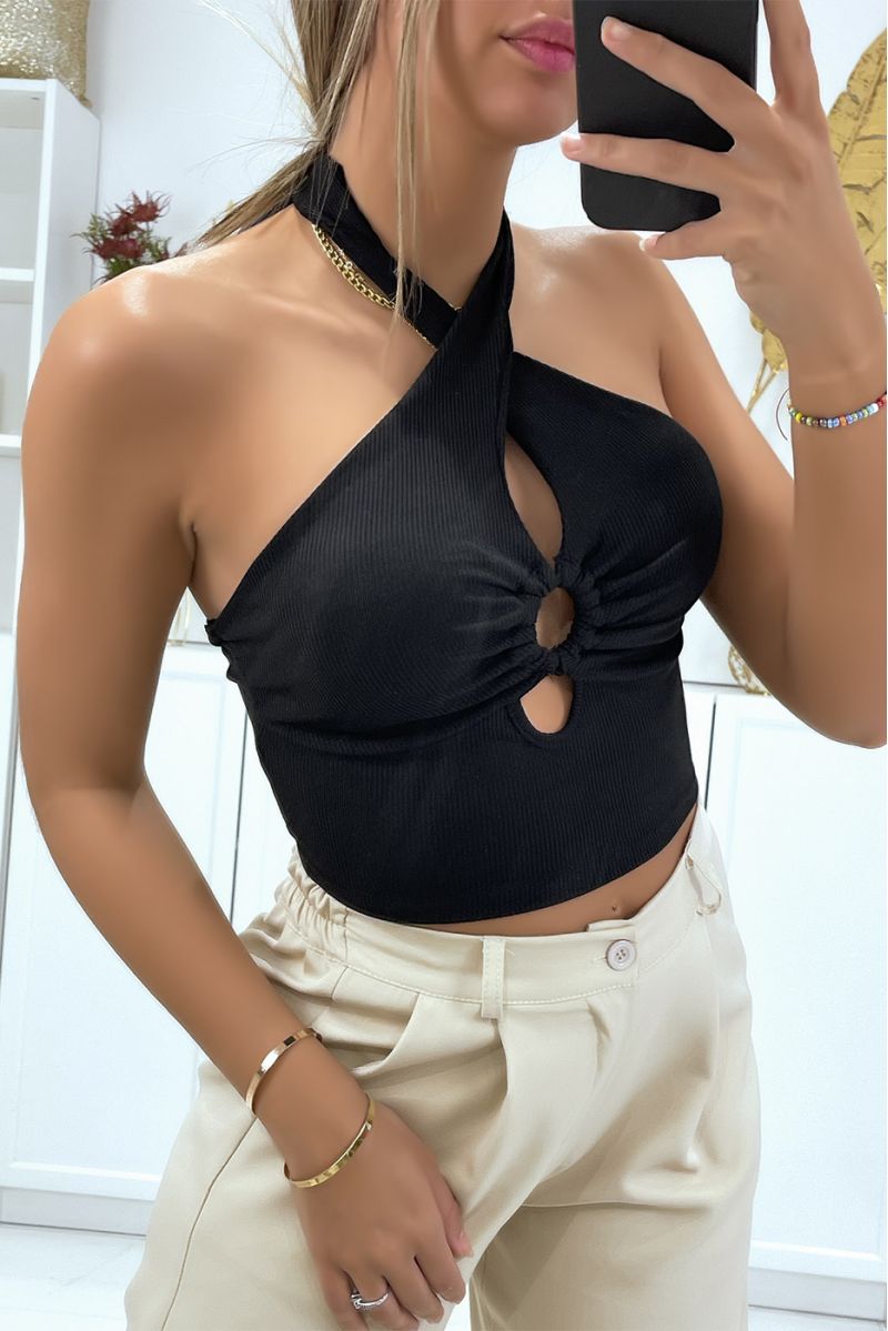 Zwarte geribbelde crop top gekruist bij de elleboog met ringen - 2 Zwarte geribbelde crop top gekruist bij de elleboog met ringen - 2