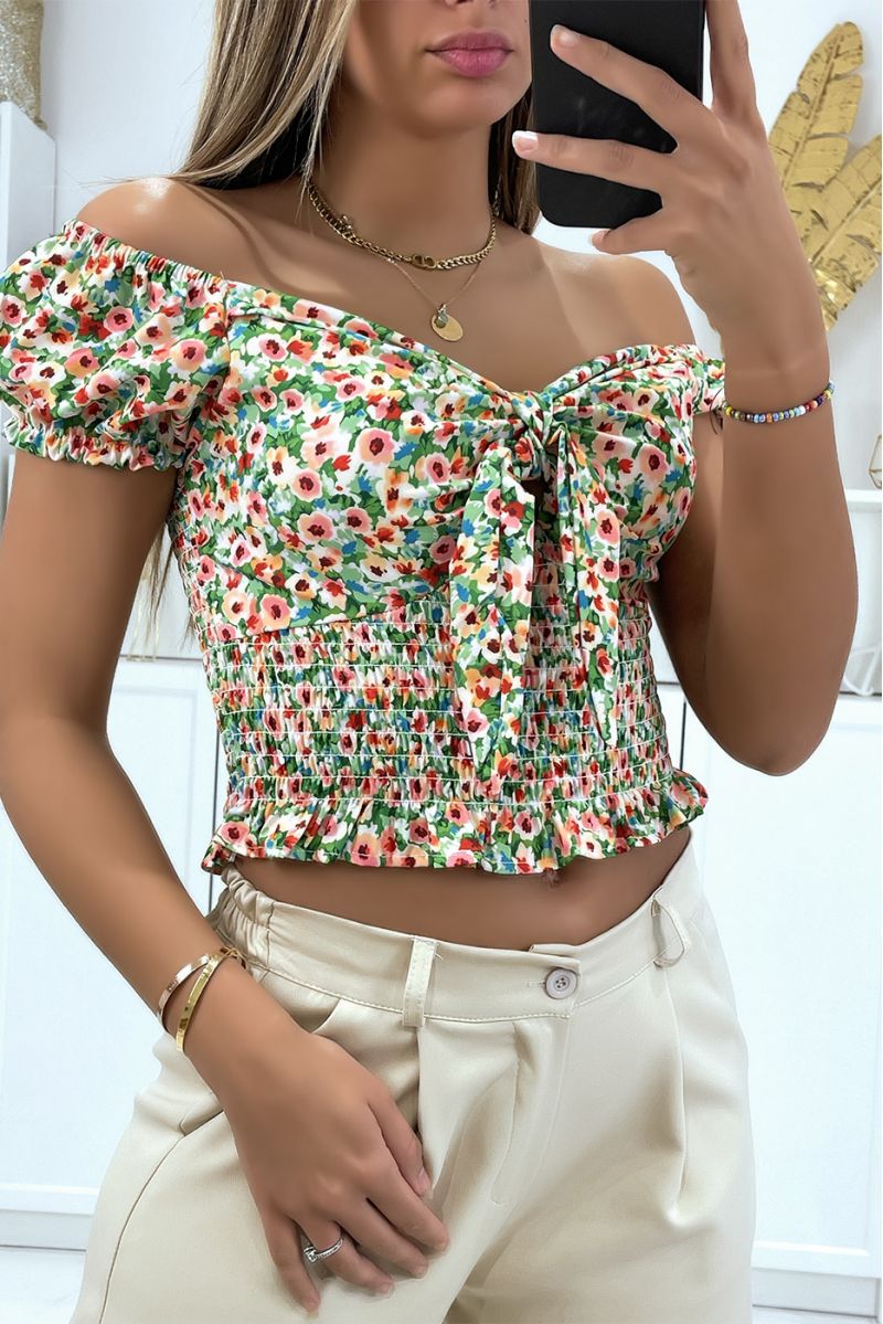 Green floral boat neck crop top with bow - 1