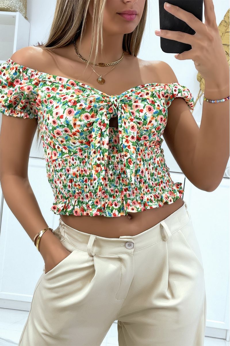 Green floral boat neck crop top with bow - 2