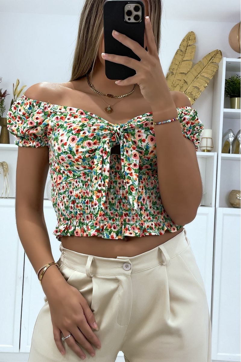 Green floral boat neck crop top with bow - 3