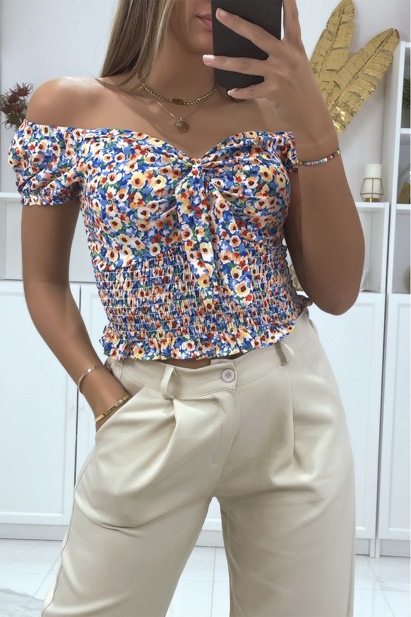 Royal floral boat neck crop top with bow - 2