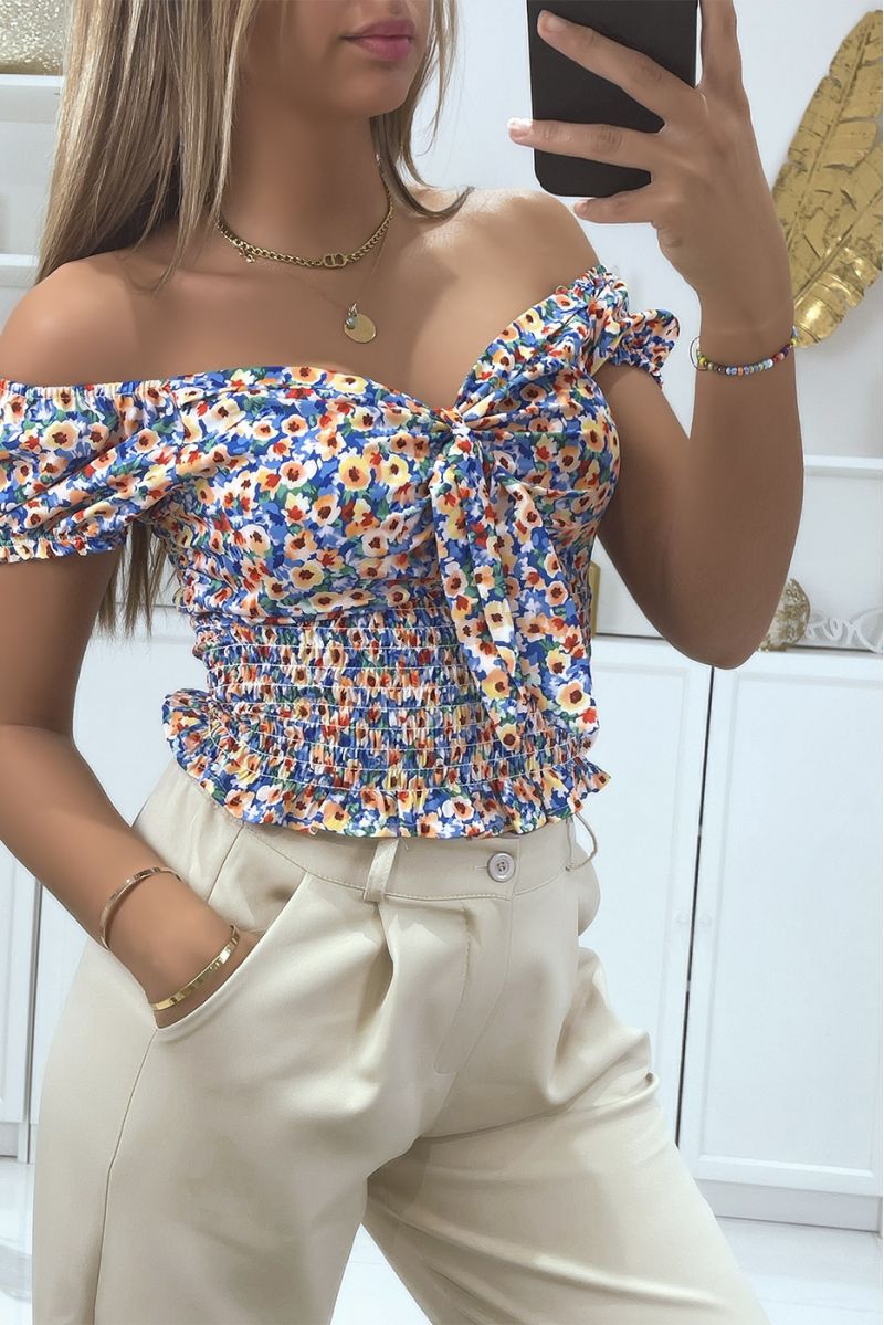 Royal floral boat neck crop top with bow - 3