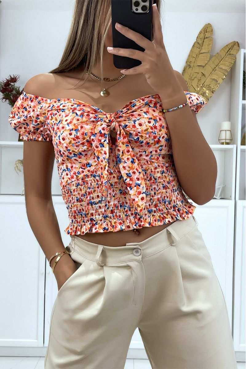 Orange floral boat neck crop top with bow - 2